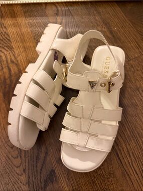 GUESS Cream Strappy Platform Sandals with Gold Hardware